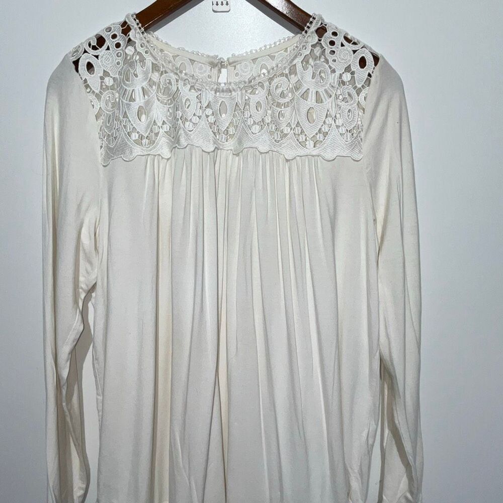 Philosophy Womens White Long-Sleeve Crocheted Lace Yoke Tunic Top Size Medium